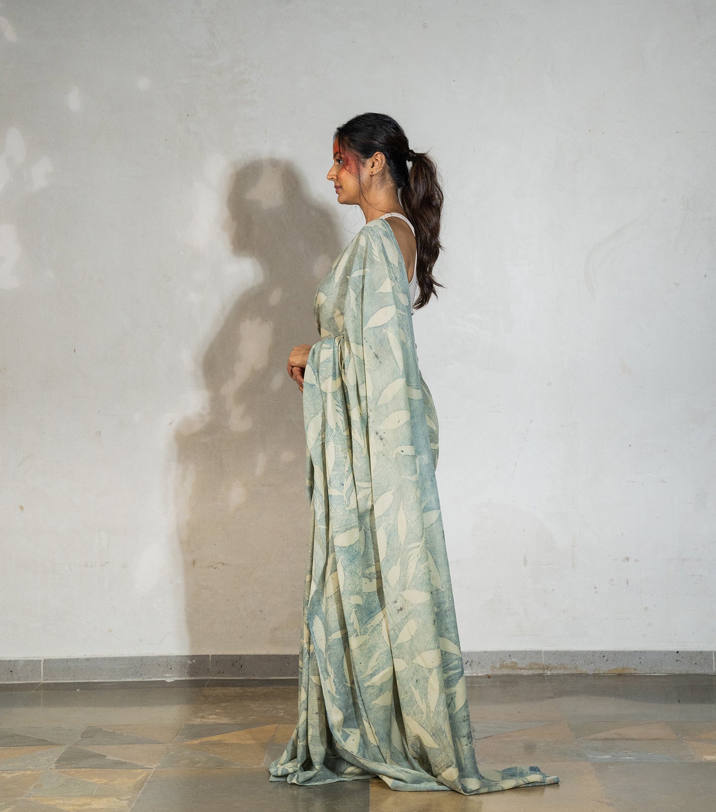 Eucalyptus Leaves All Over Very Light Olive Green Cotton Saree (Hand Dyed With Pomegranate Skin)