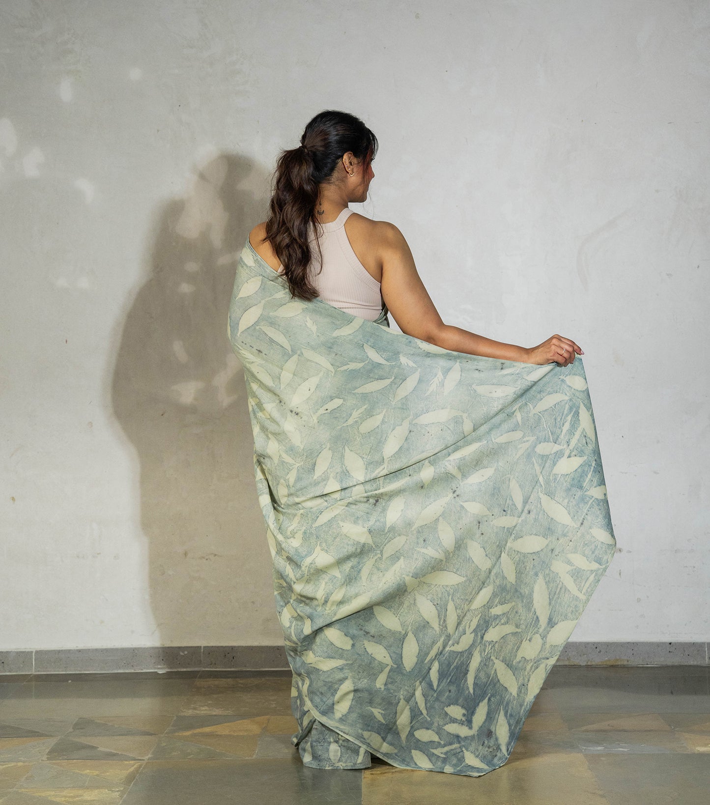 Eucalyptus Leaves All Over Very Light Olive Green Cotton Saree (Hand Dyed With Pomegranate Skin)