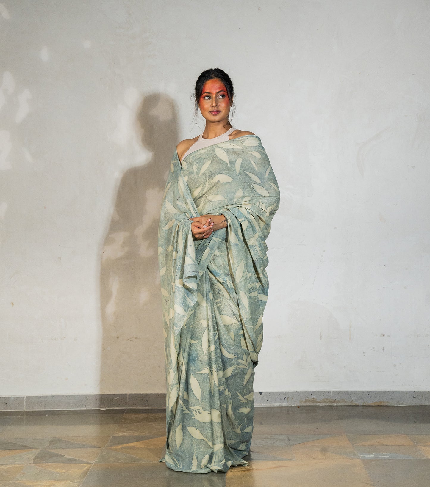 Eucalyptus Leaves All Over Very Light Olive Green Cotton Saree (Hand Dyed With Pomegranate Skin)