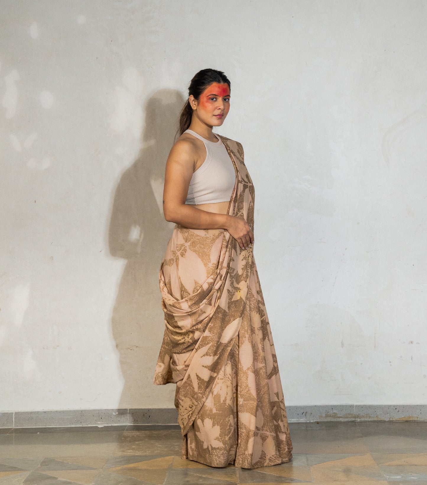 Mix Leaves All Over Light Mocha Brown Cotton Saree (Hand Dyed With Coffee & Chikori Powder)