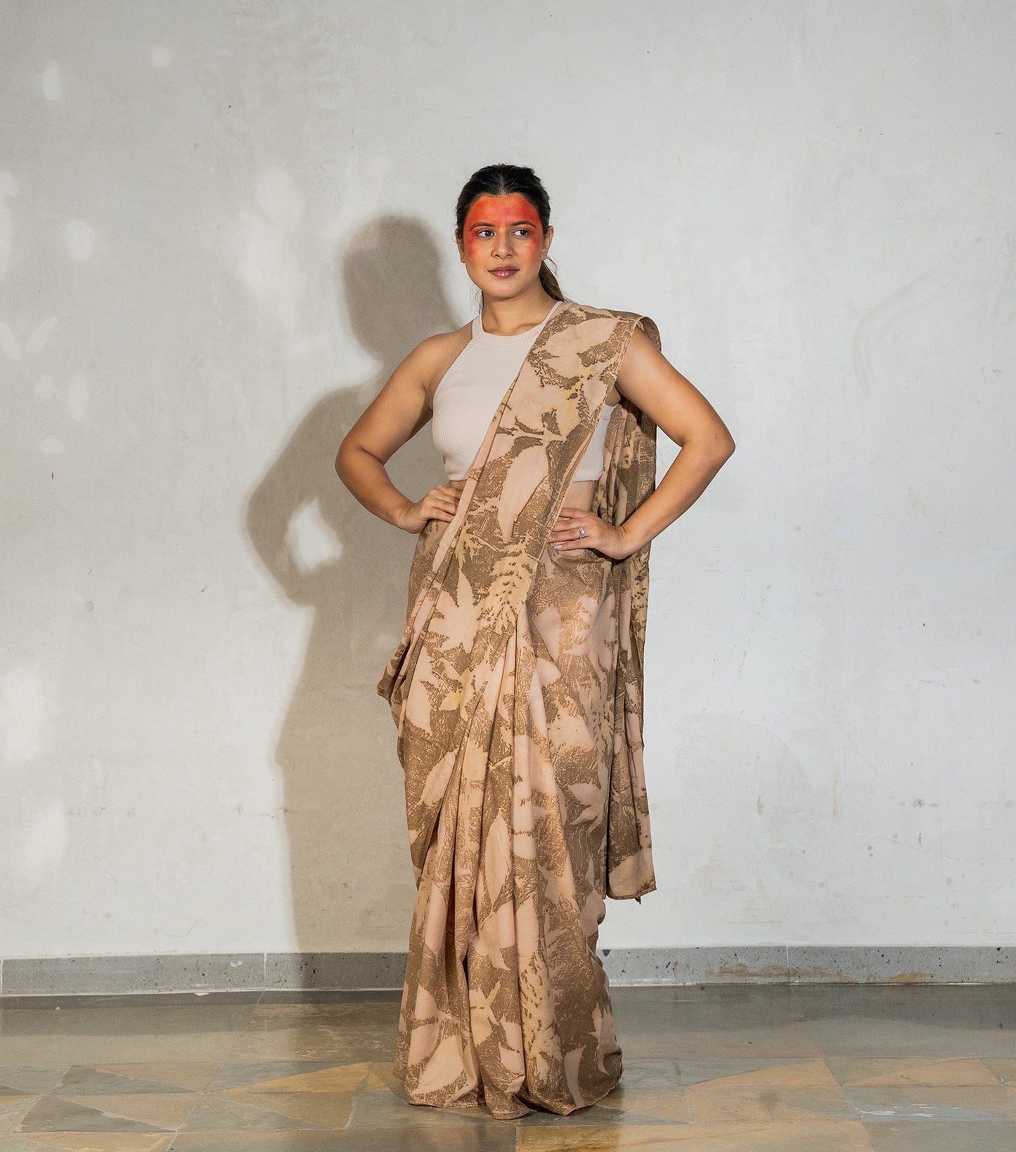 Mix Leaves All Over Light Mocha Brown Cotton Saree (Hand Dyed With Coffee & Chikori Powder)