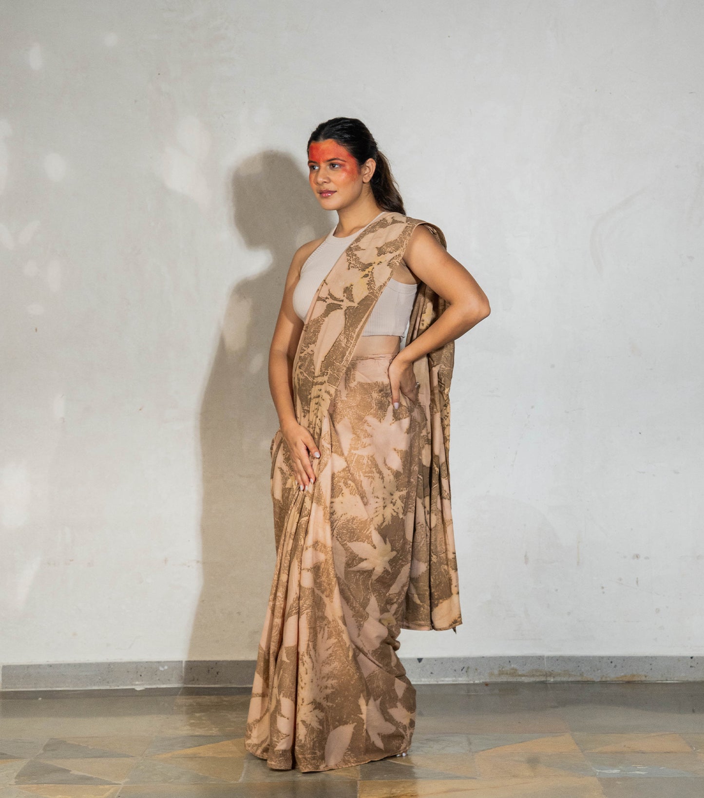 Mix Leaves All Over Light Mocha Brown Cotton Saree (Hand Dyed With Coffee & Chikori Powder)