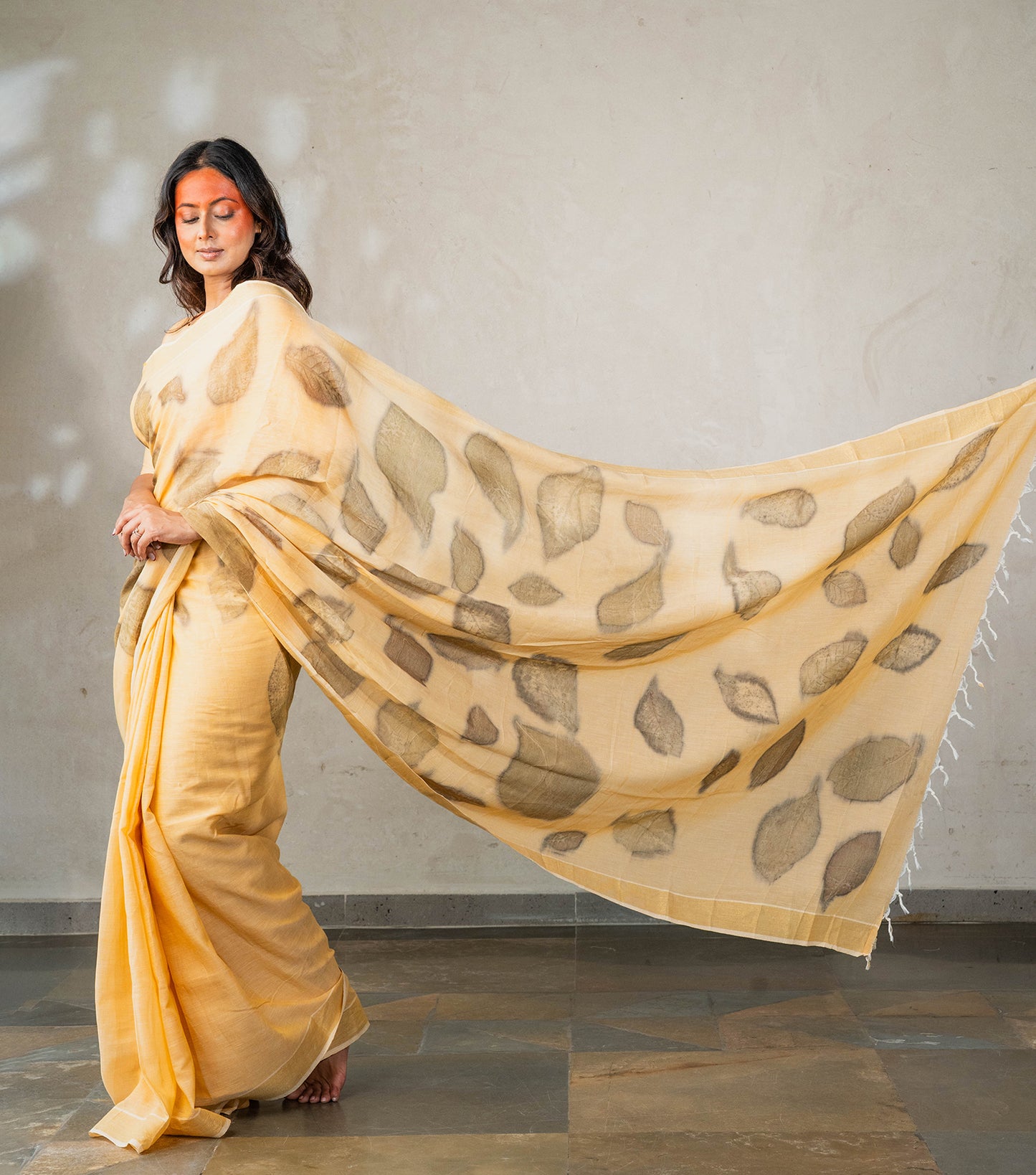 Teak wood leaves Big Pallu Soft Pumpkin Cotton Saree (Hand Dyed With Turmeric)