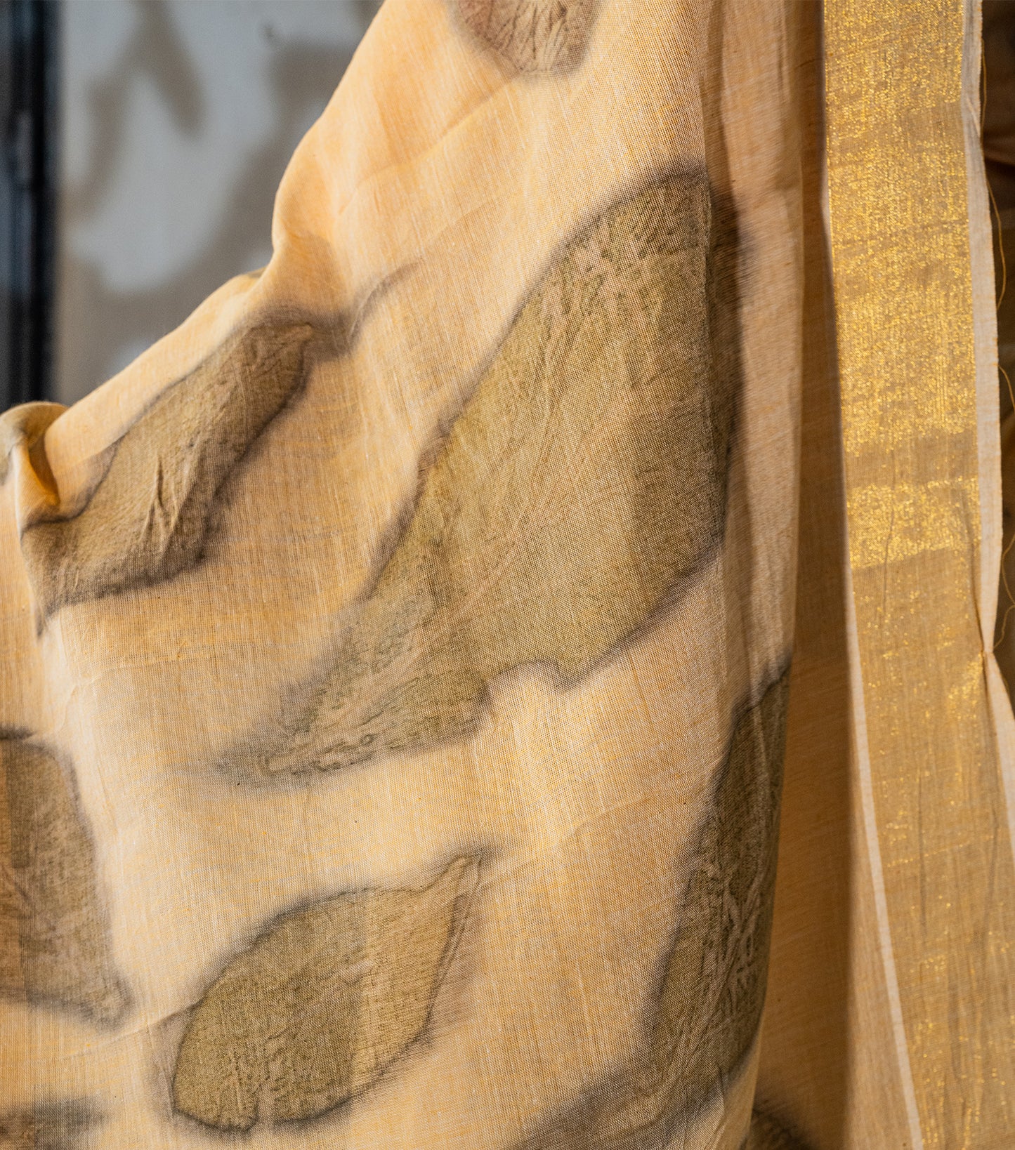 Teak wood leaves Big Pallu Soft Pumpkin Cotton Saree (Hand Dyed With Turmeric)