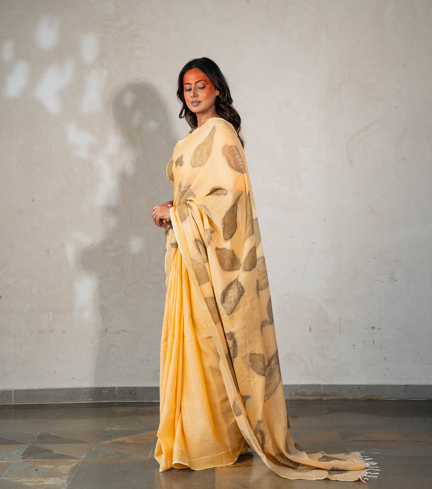 Teak wood leaves Big Pallu Soft Pumpkin Cotton Saree (Hand Dyed With Turmeric)