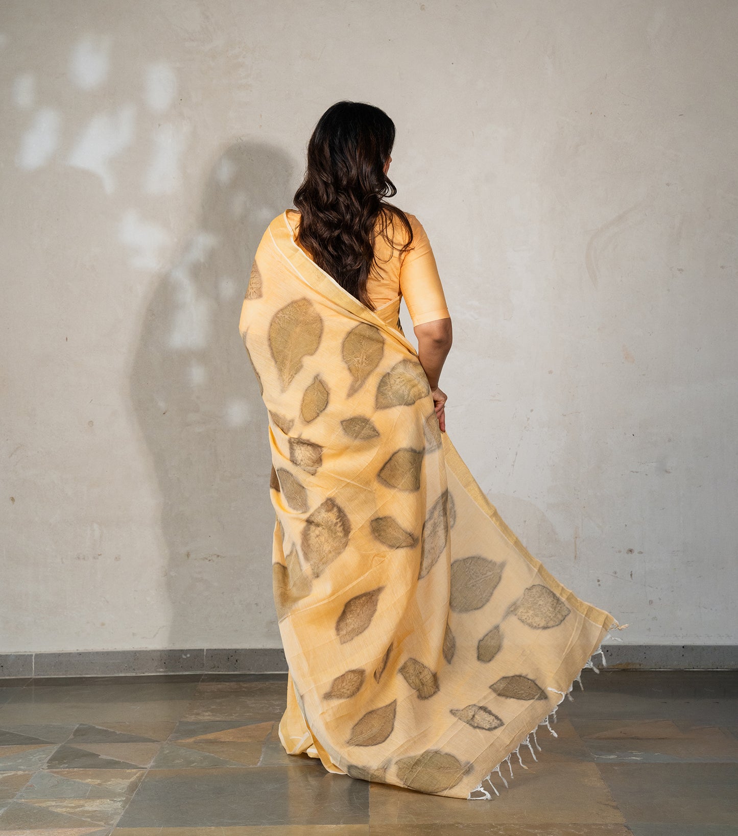 Teak wood leaves Big Pallu Soft Pumpkin Cotton Saree (Hand Dyed With Turmeric)