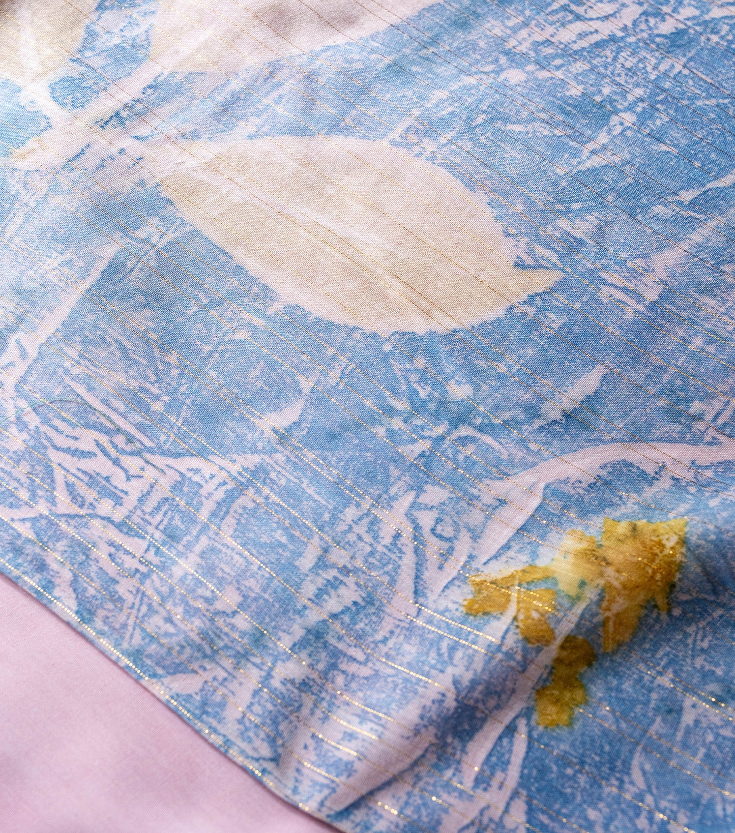 Guava Leaves Half Printed & Half Plain Design Cotton Candy Pink Modal Saree ( Hand Dyed With Indigo Powder & Manjeestha Roots)
