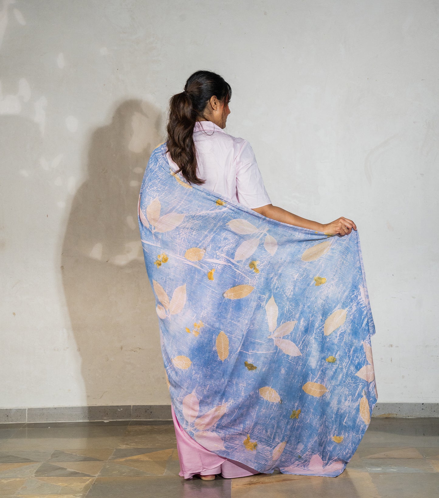 Guava Leaves Half Printed & Half Plain Design Cotton Candy Pink Modal Saree ( Hand Dyed With Indigo Powder & Manjeestha Roots)