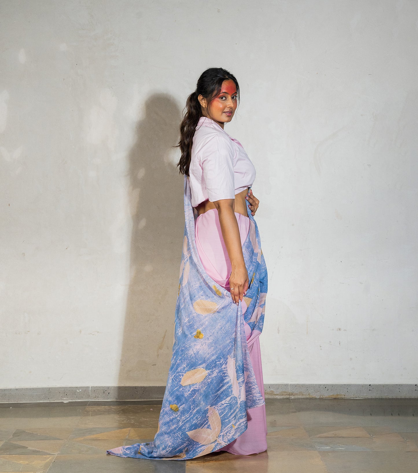 Guava Leaves Half Printed & Half Plain Design Cotton Candy Pink Modal Saree ( Hand Dyed With Indigo Powder & Manjeestha Roots)