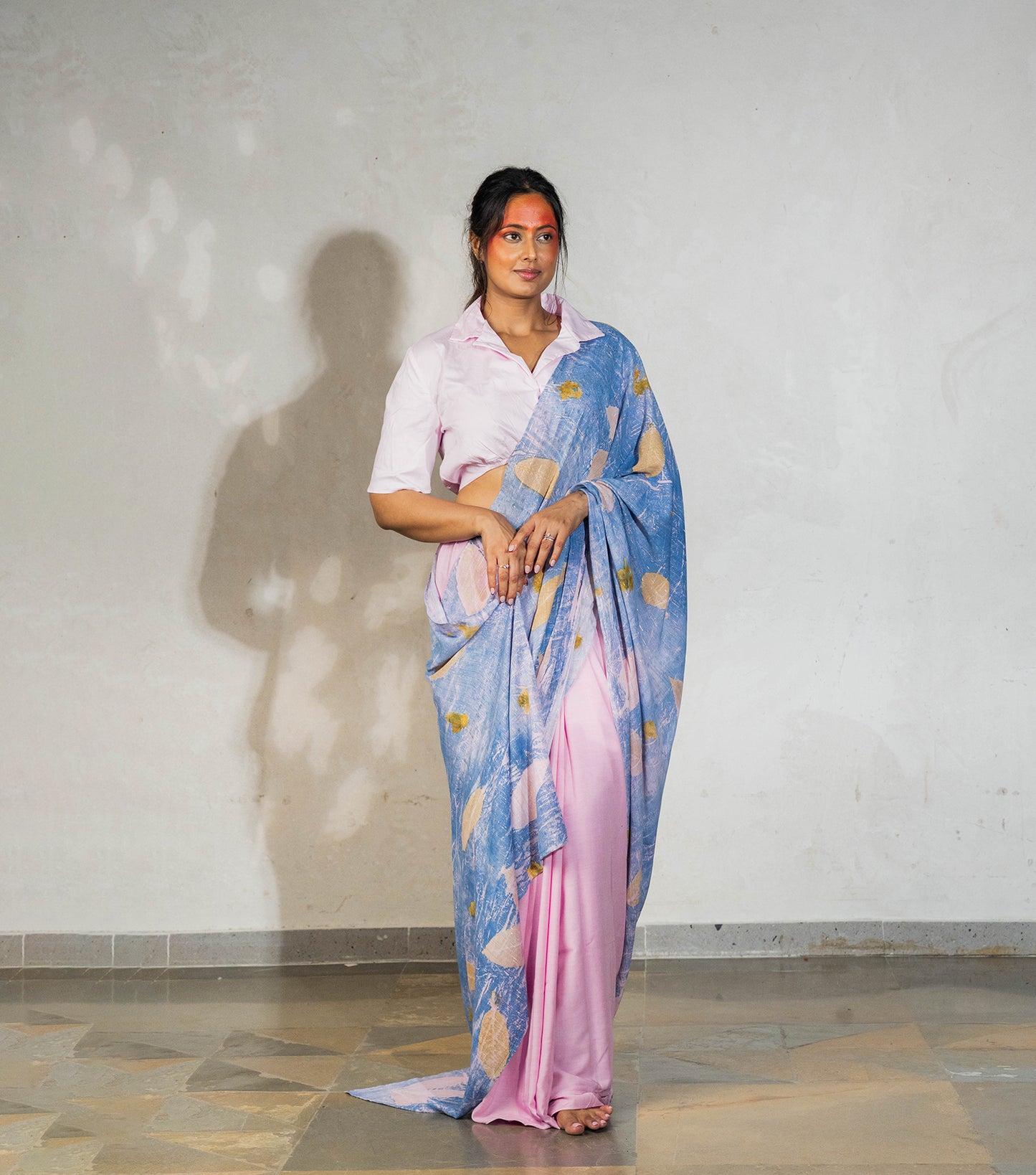 Guava Leaves Half Printed & Half Plain Design Cotton Candy Pink Modal Saree ( Hand Dyed With Indigo Powder & Manjeestha Roots)