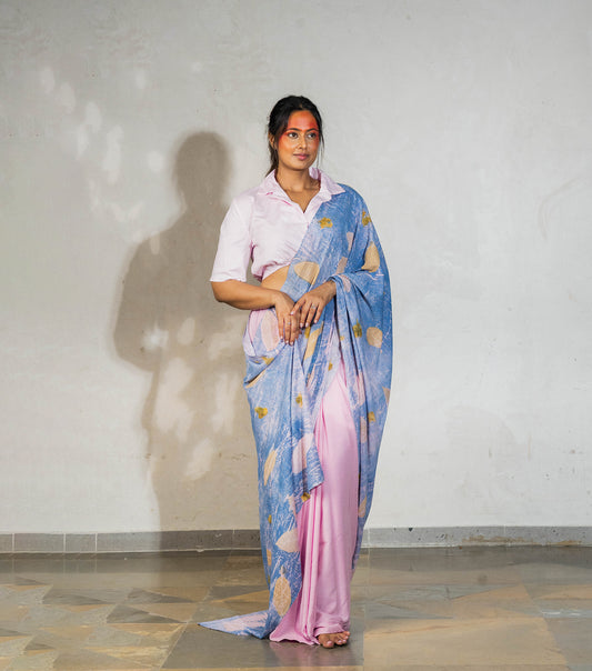 Guava Leaves Half Printed & Half Plain Design Cotton Candy Pink Modal Saree ( Hand Dyed With Indigo Powder & Manjeestha Roots)