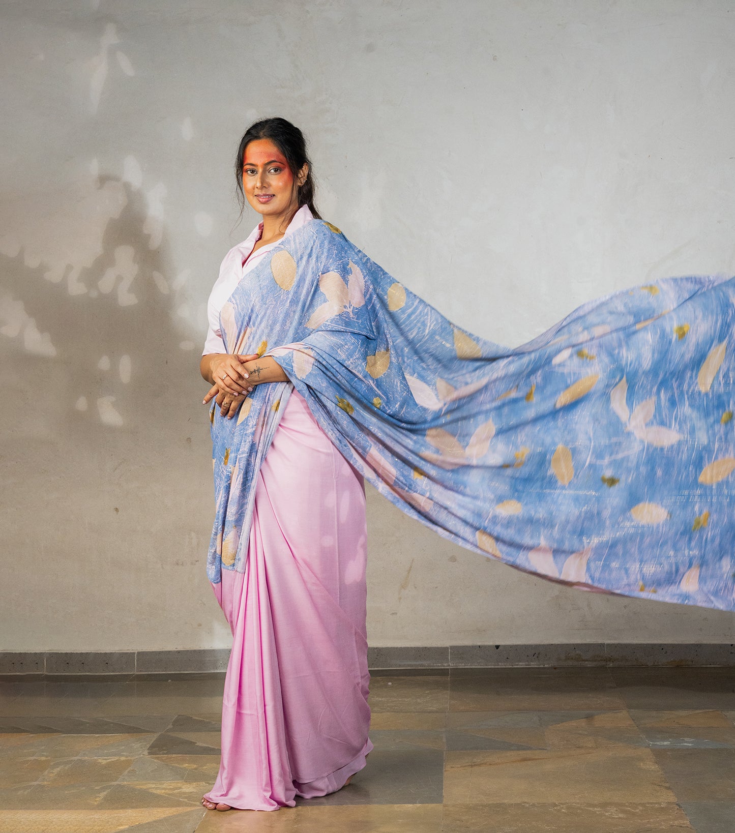 Guava Leaves Half Printed & Half Plain Design Cotton Candy Pink Modal Saree ( Hand Dyed With Indigo Powder & Manjeestha Roots)