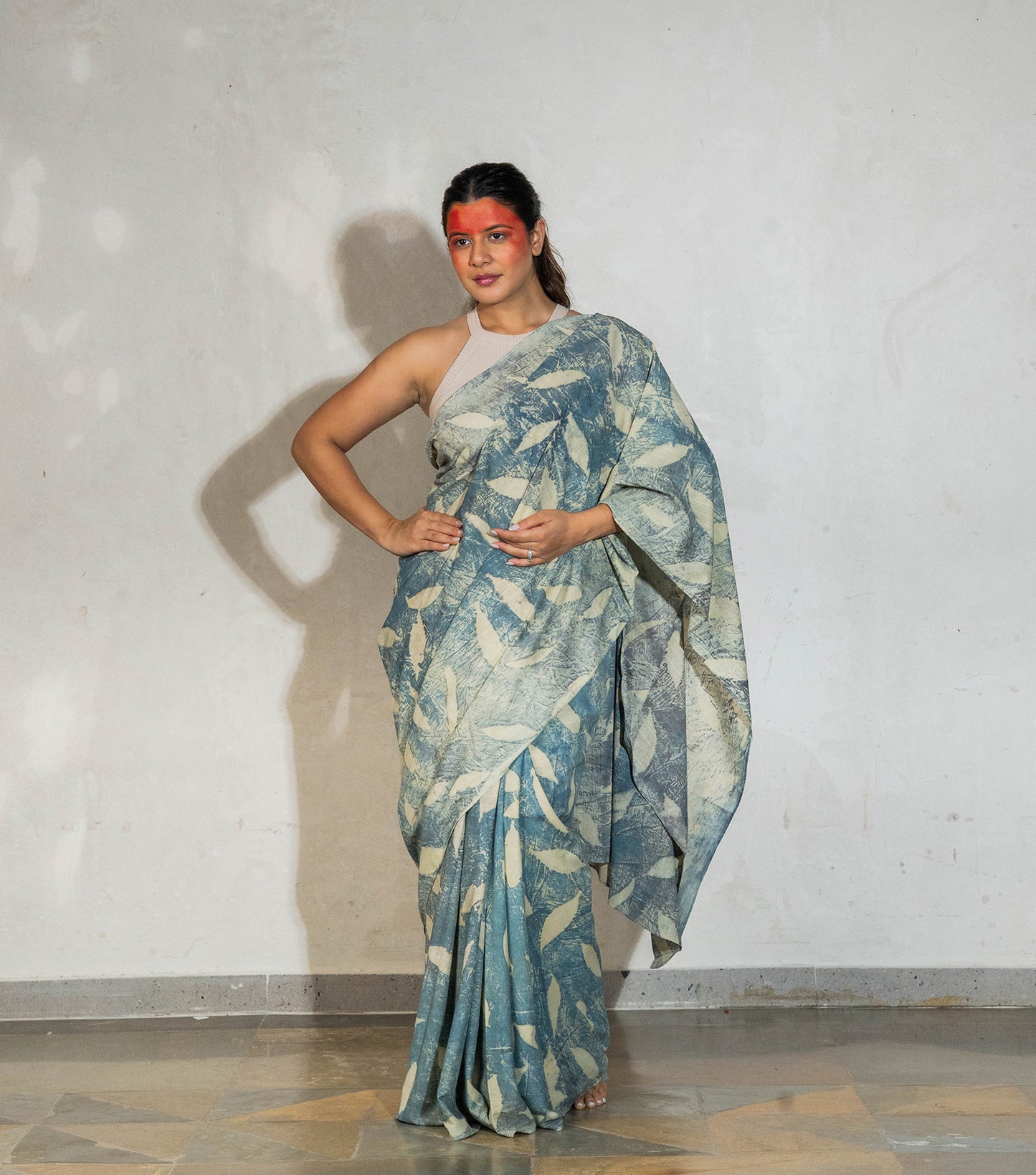Eucalyptus Leaves All Over Light Olive Green Cotton Saree (Hand Dyed With Pomegranate Skin)