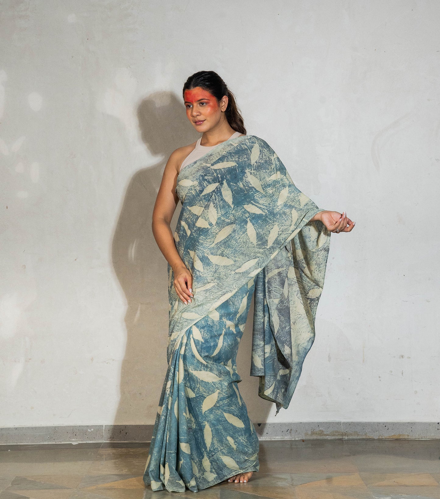 Eucalyptus Leaves All Over Light Olive Green Cotton Saree (Hand Dyed With Pomegranate Skin)