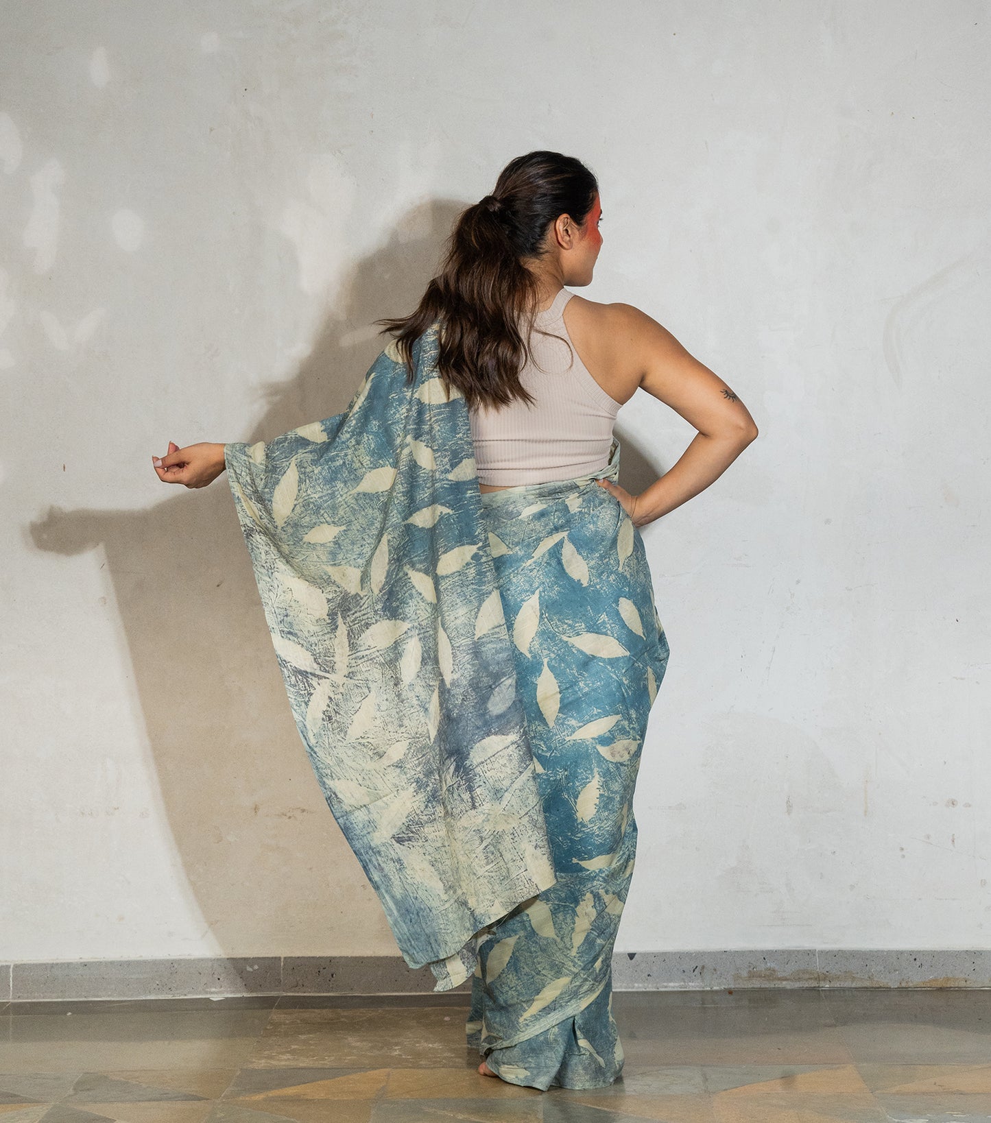 Eucalyptus Leaves All Over Light Olive Green Cotton Saree (Hand Dyed With Pomegranate Skin)