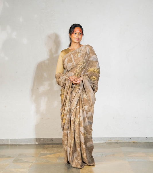 Mix Leaves All Over Coffee Brown Cotton Saree (Hand Dyed With Coffee & Chikori Powder)