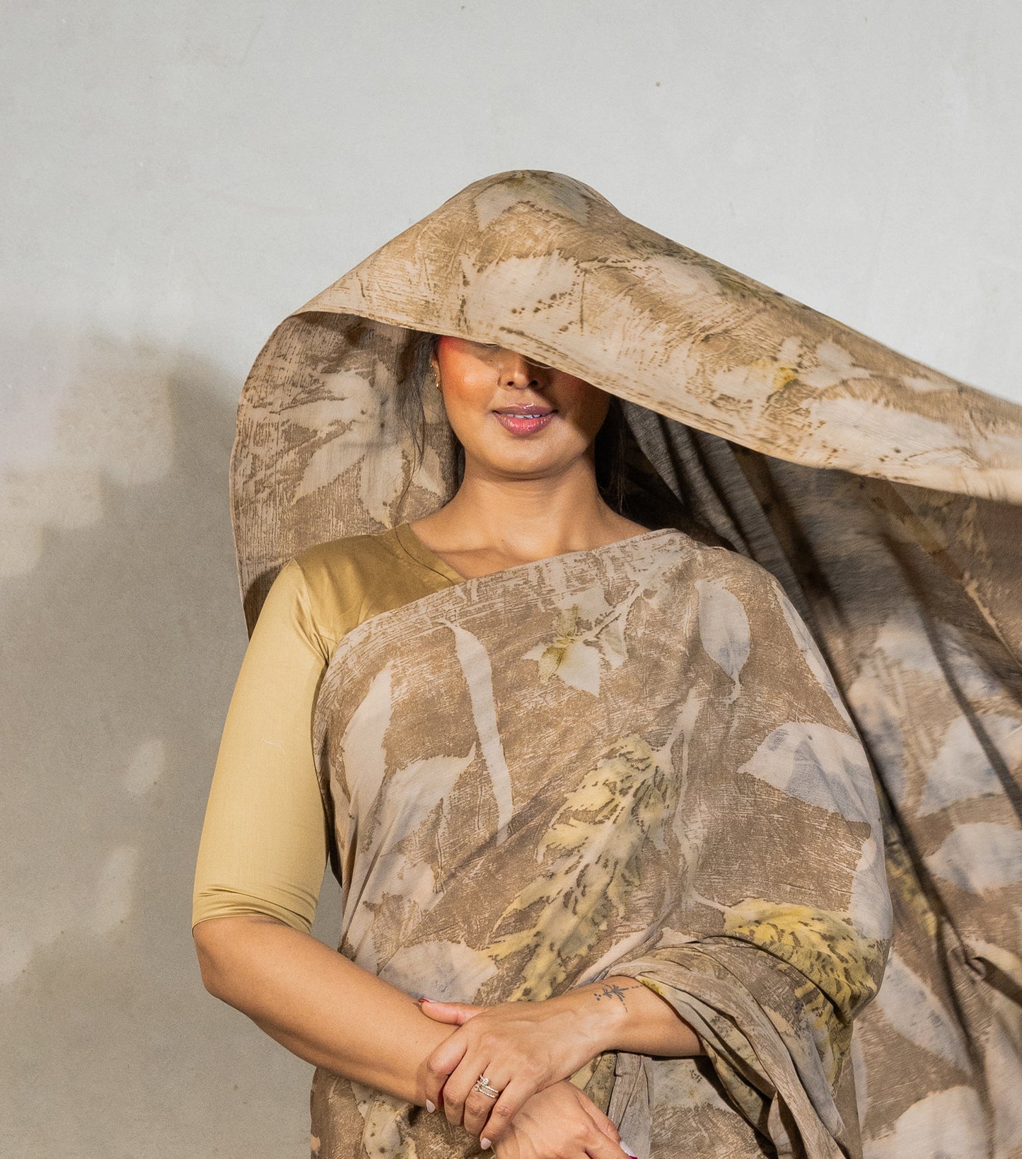 Mix Leaves All Over Coffee Brown Cotton Saree (Hand Dyed With Coffee & Chikori Powder)