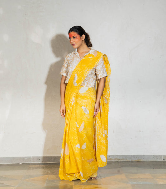 Guava Leaves All Over Golden Yellow Crush Cotton Saree (Hand Dyed With Jackfruit Extracts)
