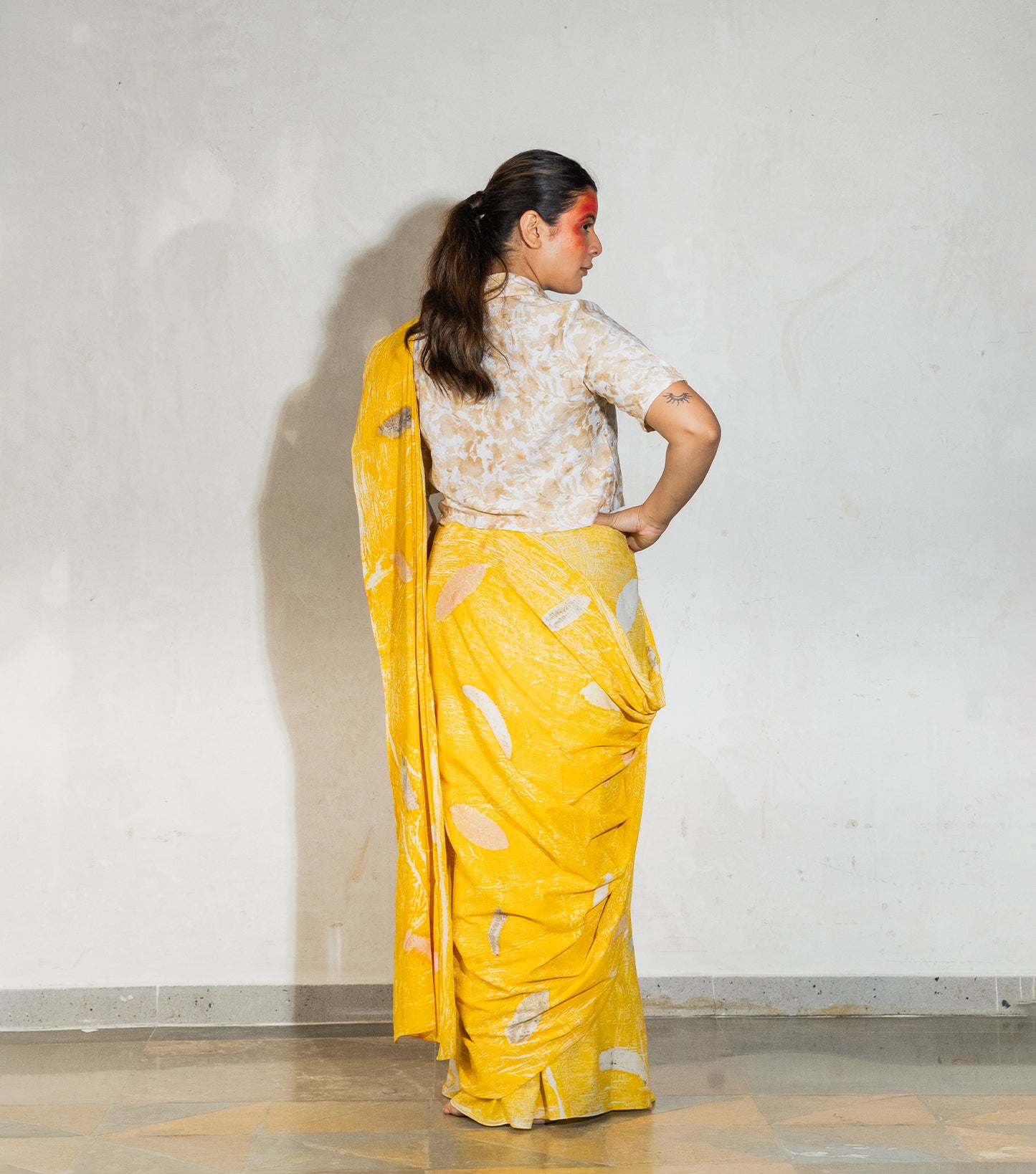 Guava Leaves All Over Golden Yellow Crush Cotton Saree (Hand Dyed With Jackfruit Extracts)