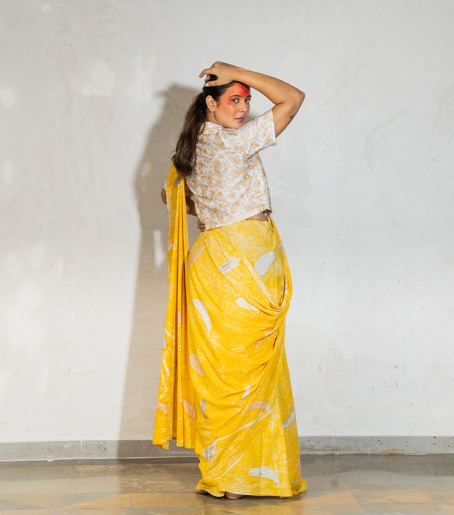 Guava Leaves All Over Golden Yellow Crush Cotton Saree (Hand Dyed With Jackfruit Extracts)