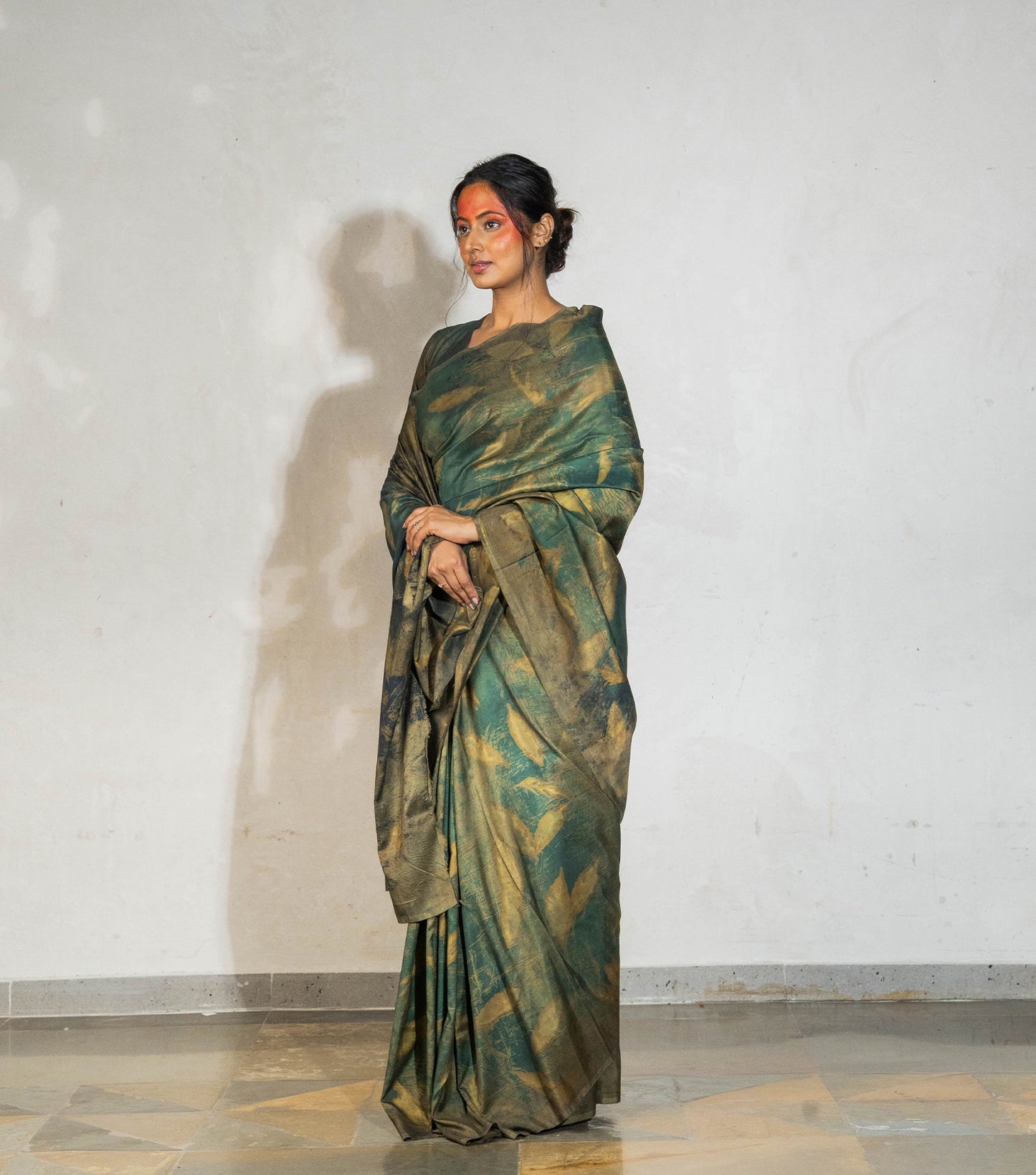 Eucalyptus leaves All Over Dark Olive Green Mulberry Silk Saree (Hand Dyed With Olives, Pomegranate Skin & Turmeric)