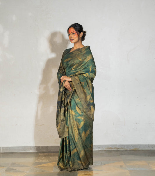 Eucalyptus leaves All Over Dark Olive Green Mulberry Silk Saree (Hand Dyed With Olives, Pomegranate Skin & Turmeric)