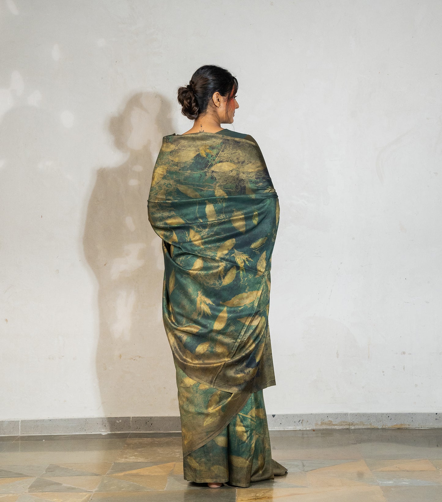Eucalyptus leaves All Over Dark Olive Green Mulberry Silk Saree (Hand Dyed With Olives, Pomegranate Skin & Turmeric)