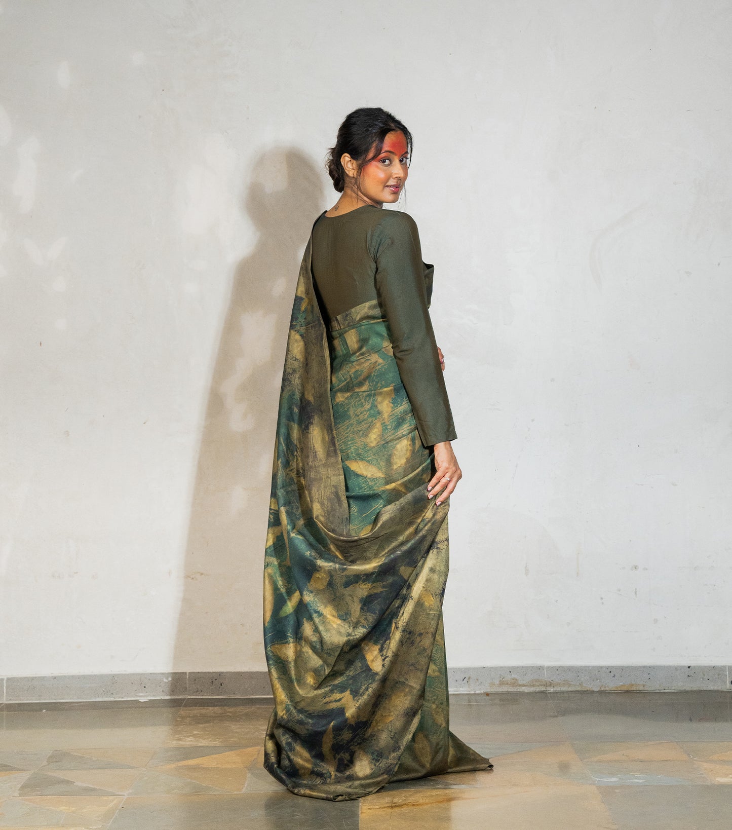 Eucalyptus leaves All Over Dark Olive Green Mulberry Silk Saree (Hand Dyed With Olives, Pomegranate Skin & Turmeric)