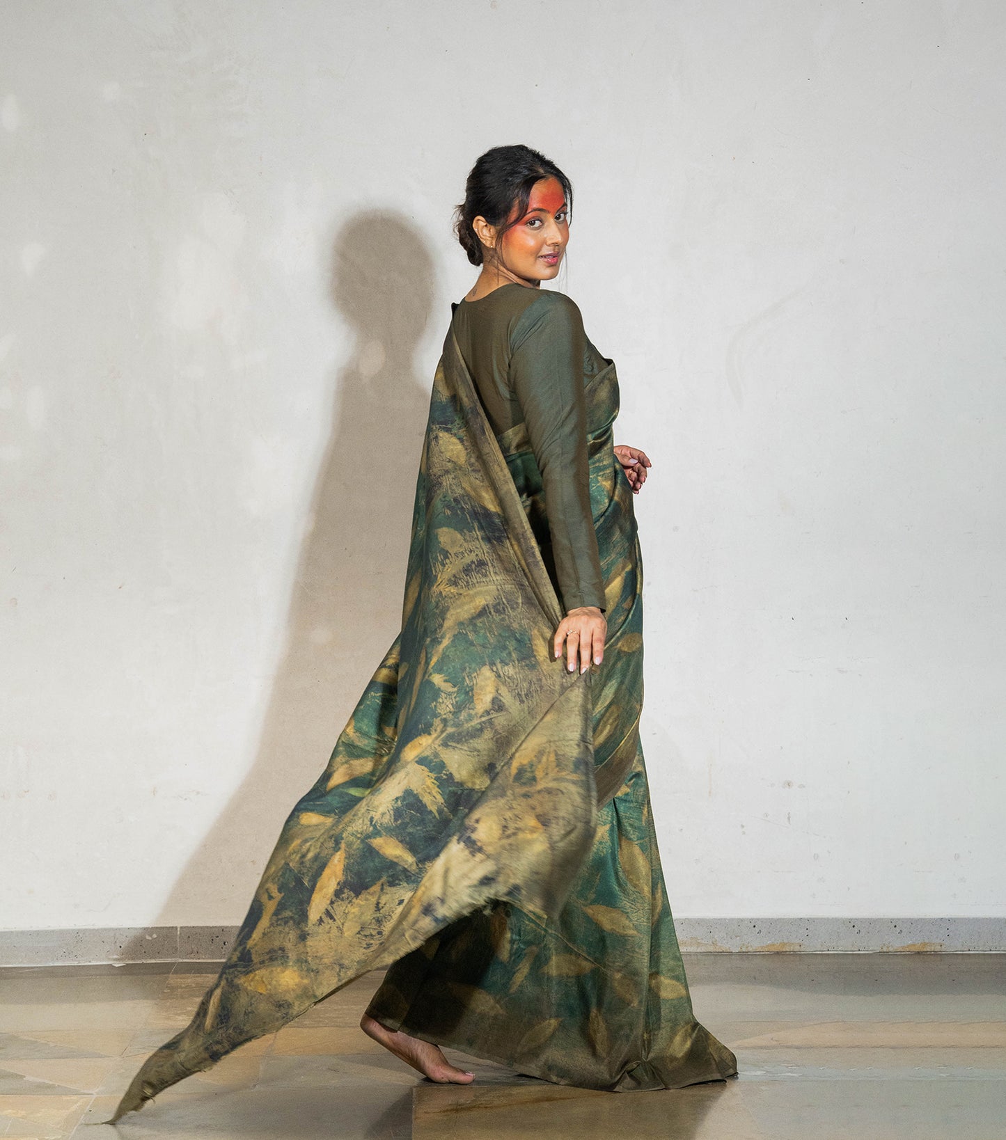 Eucalyptus leaves All Over Dark Olive Green Mulberry Silk Saree (Hand Dyed With Olives, Pomegranate Skin & Turmeric)
