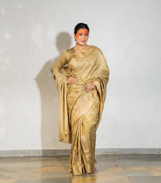 Mix leaves All Over Champagne Beige Mulberry Silk Saree (Hand Dyed With Harde)