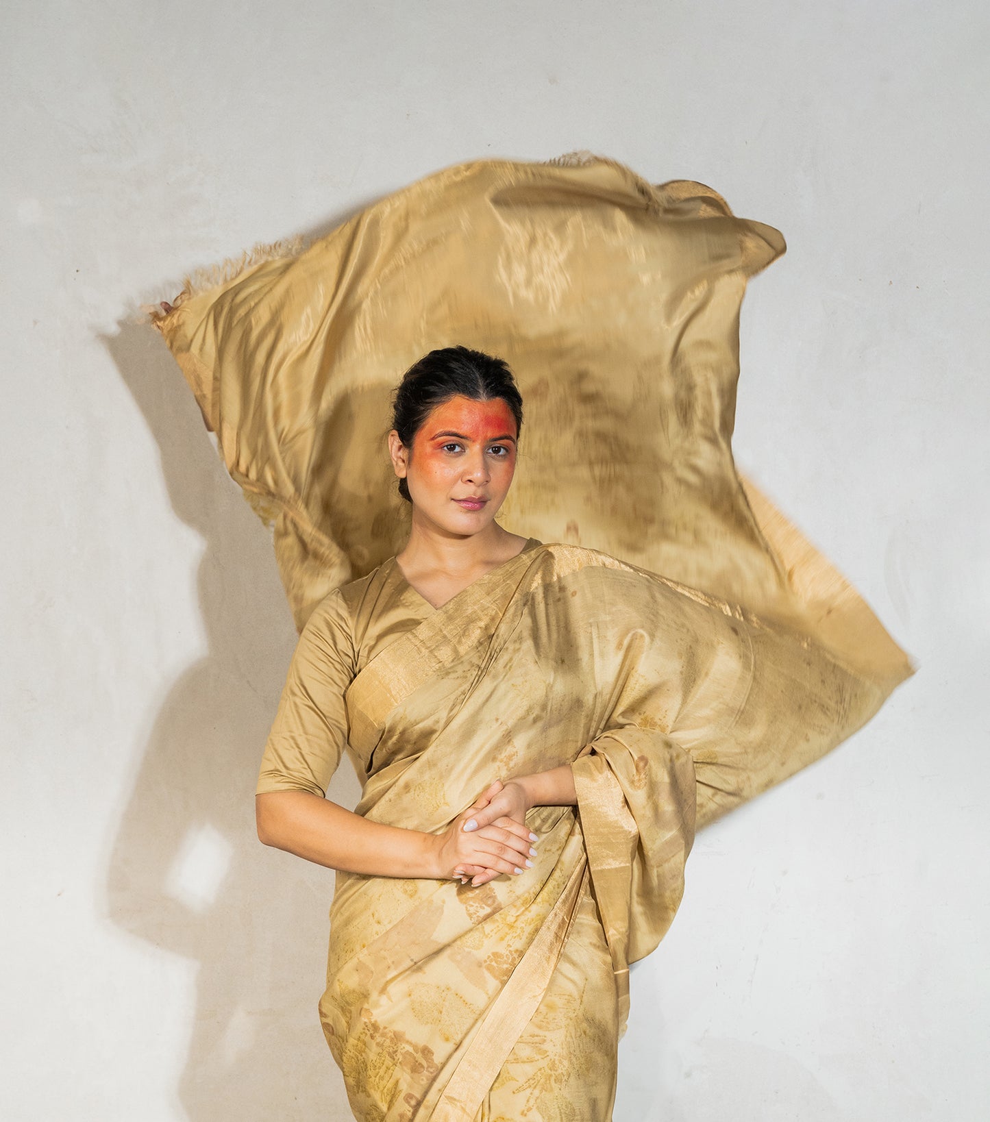 Mix leaves All Over Champagne Beige Mulberry Silk Saree (Hand Dyed With Harde)