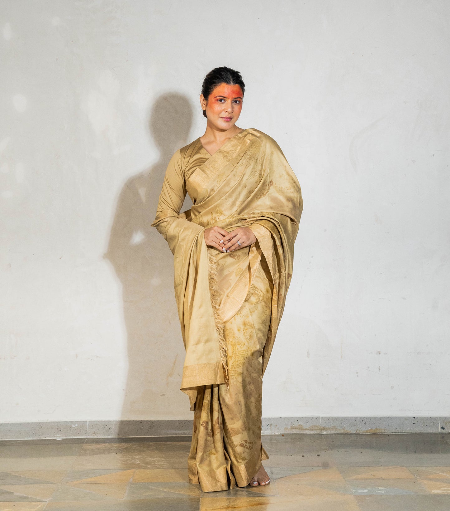 Mix leaves All Over Champagne Beige Mulberry Silk Saree (Hand Dyed With Harde)