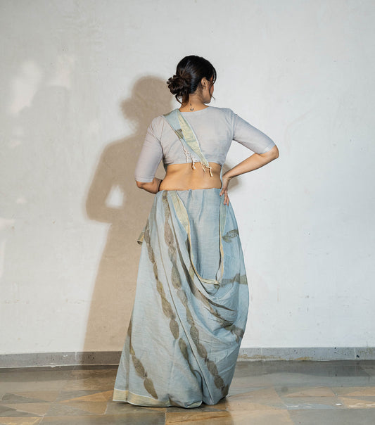 Eucalyptus leaves on All Over Lehariya Style Blueish Grey Cotton Saree (Hand Dyed With iron ore and indigo)