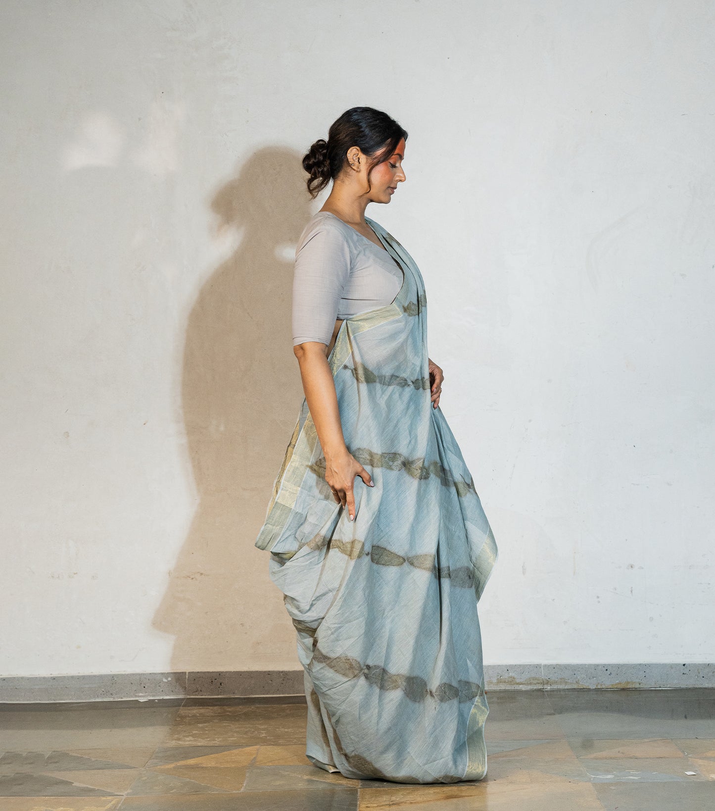 Eucalyptus leaves on All Over Lehariya Style Blueish Grey Cotton Saree (Hand Dyed With iron ore and indigo)