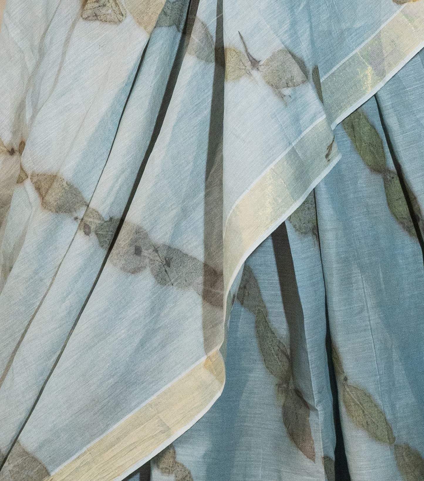 Eucalyptus leaves on All Over Lehariya Style Blueish Grey Cotton Saree (Hand Dyed With iron ore and indigo)