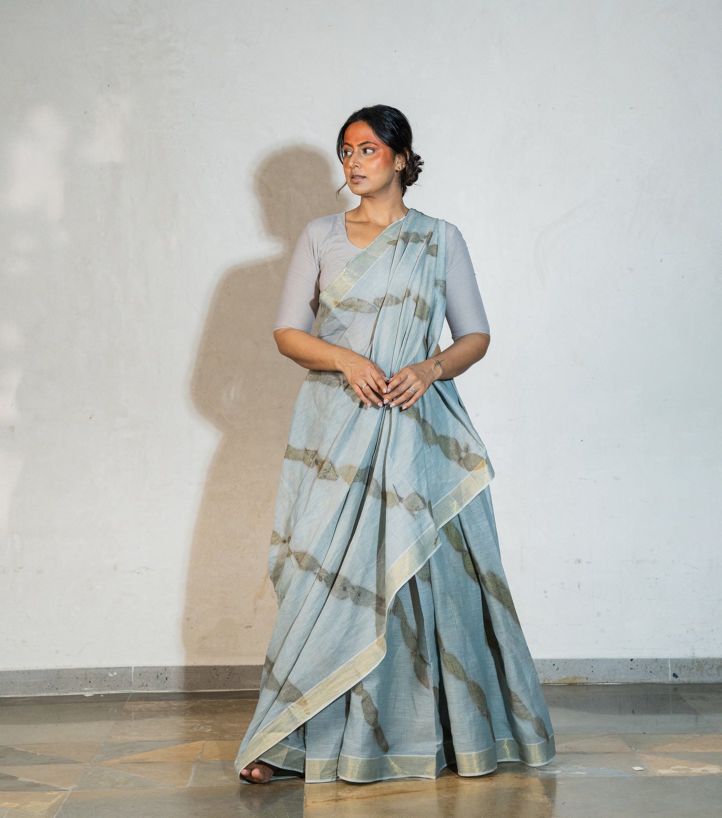 Eucalyptus leaves on All Over Lehariya Style Blueish Grey Cotton Saree (Hand Dyed With iron ore and indigo)
