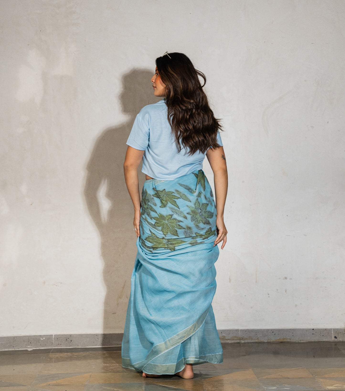 Teak Wood leaves on Pallu and Boarder Blueish Grey Cotton Saree (Hand Dyed With iron ore and indigo)