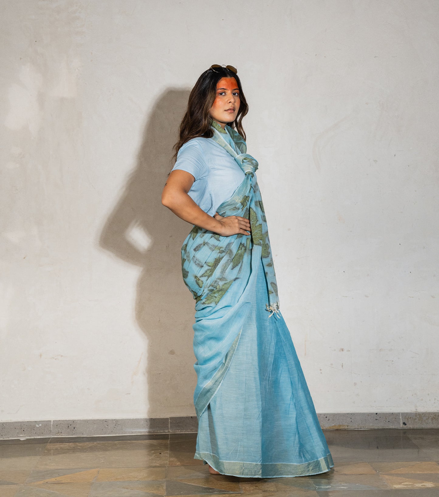 Teak Wood leaves on Pallu and Boarder Blueish Grey Cotton Saree (Hand Dyed With iron ore and indigo)