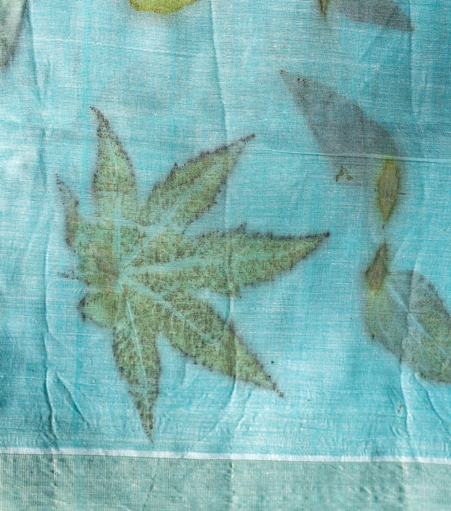 Teak Wood leaves on Pallu and Boarder Blueish Grey Cotton Saree (Hand Dyed With iron ore and indigo)