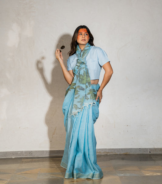 Teak Wood leaves on Pallu and Boarder Blueish Grey Cotton Saree (Hand Dyed With iron ore and indigo)