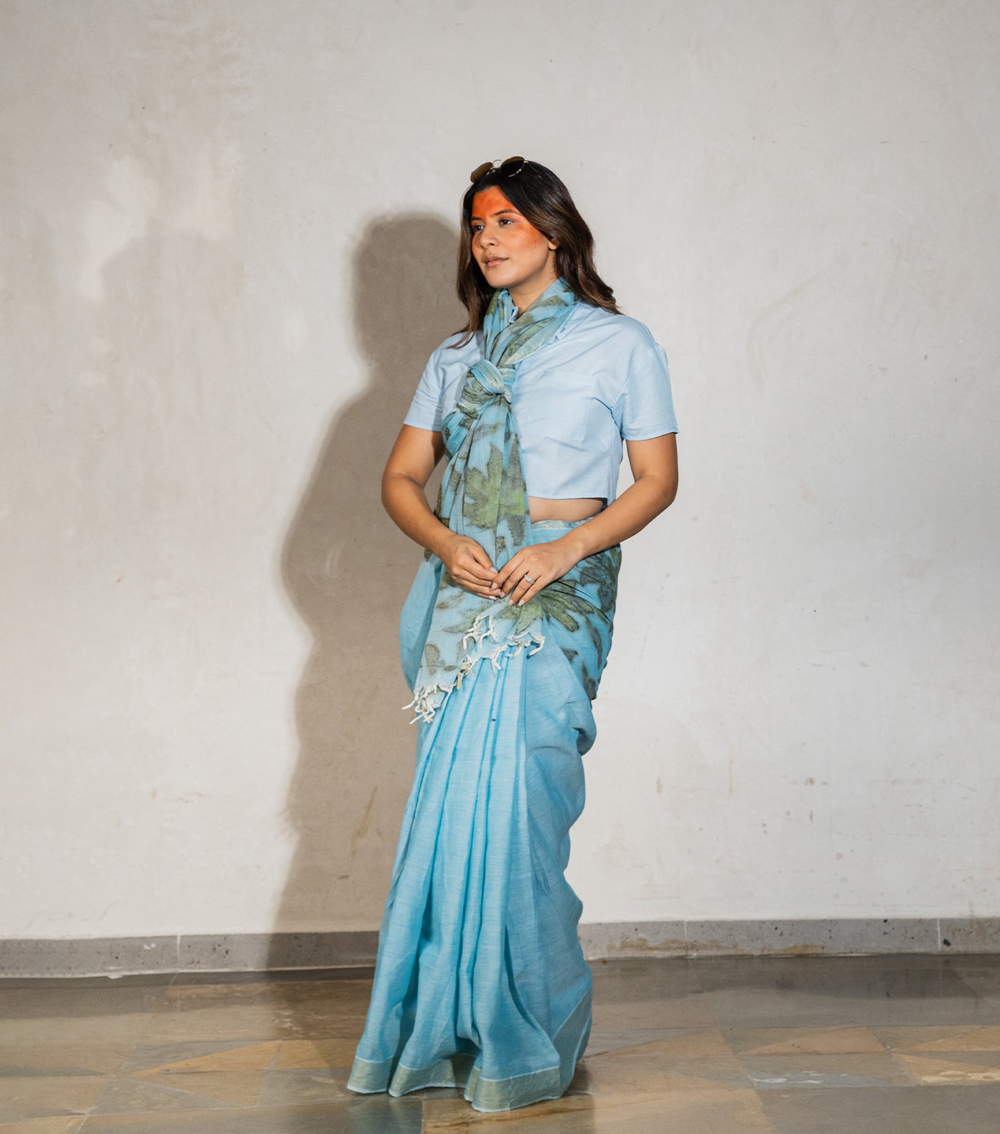 Teak Wood leaves on Pallu and Boarder Blueish Grey Cotton Saree (Hand Dyed With iron ore and indigo)