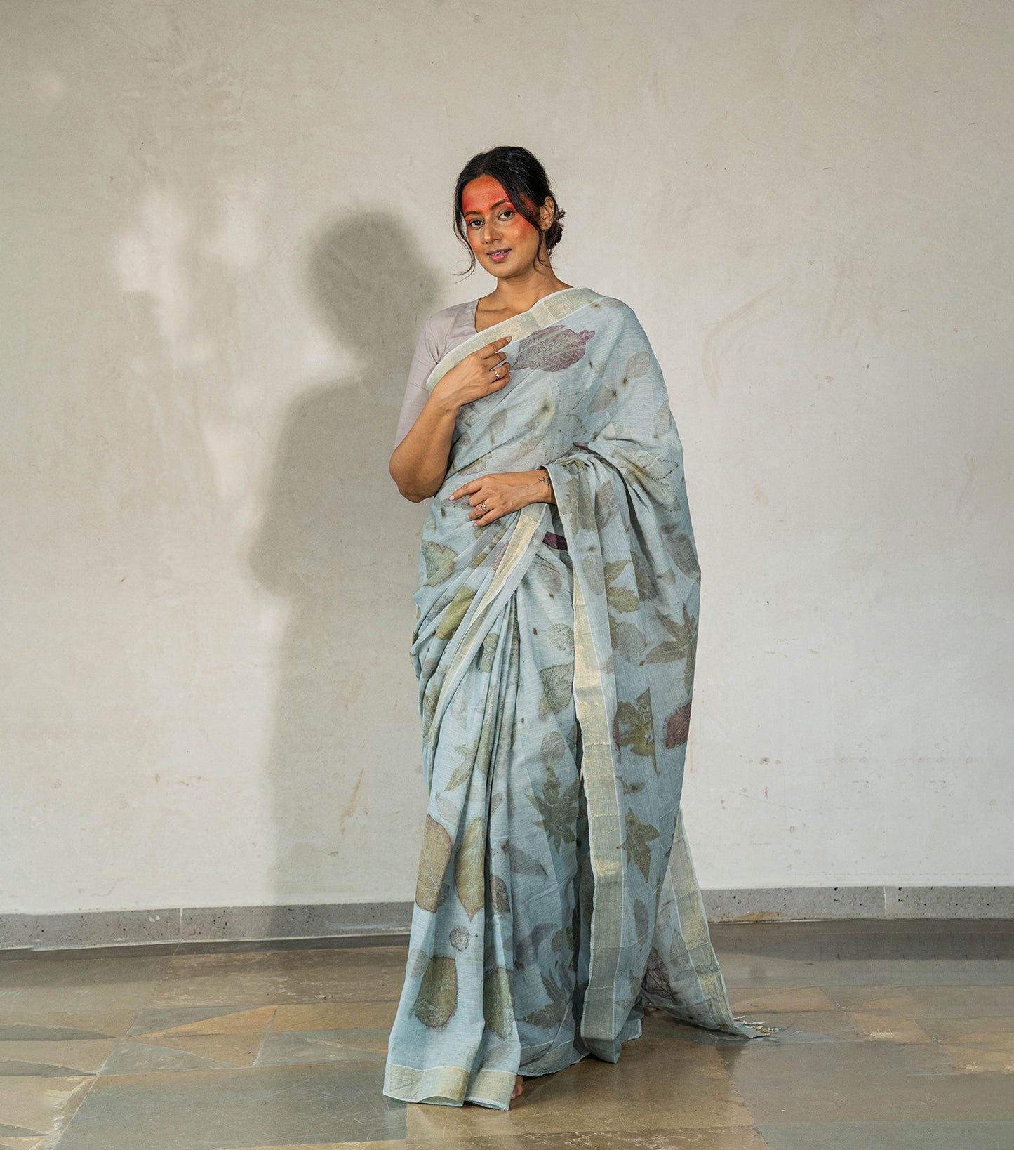 Guava leaves All Over  Blueish Grey Cotton Saree (Hand Dyed With iron ore and indigo)