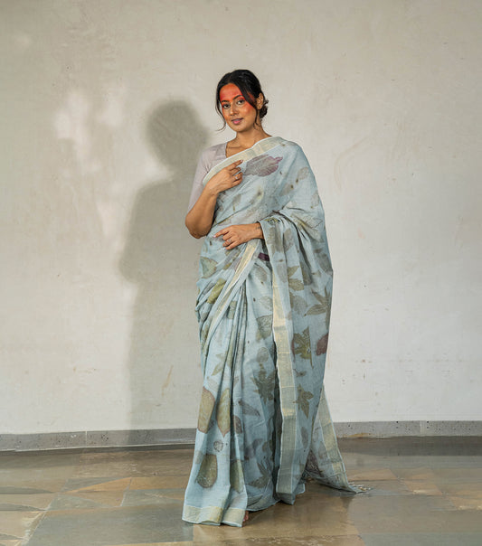 Guava leaves All Over  Blueish Grey Cotton Saree (Hand Dyed With iron ore and indigo)