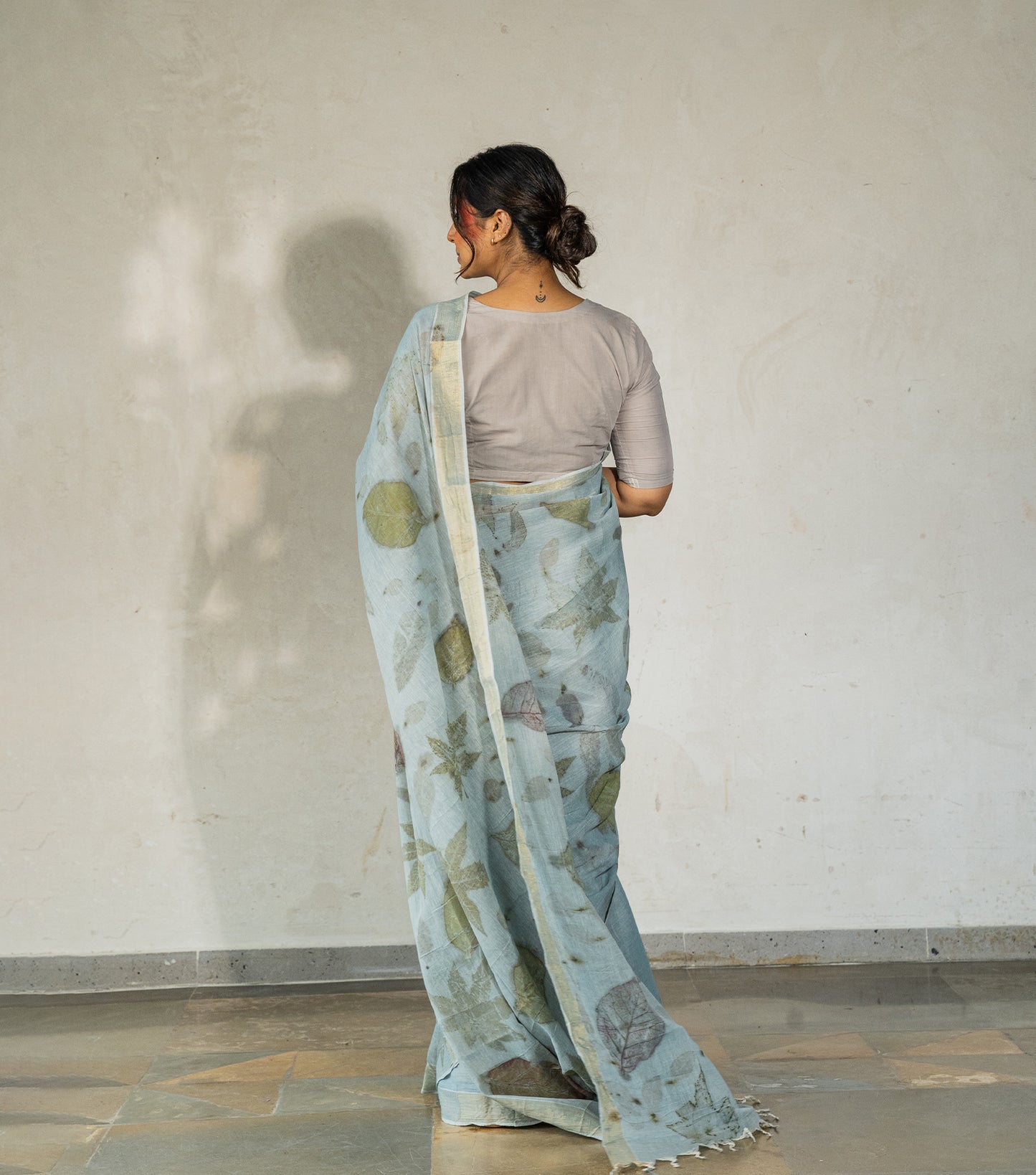 Guava leaves All Over  Blueish Grey Cotton Saree (Hand Dyed With iron ore and indigo)