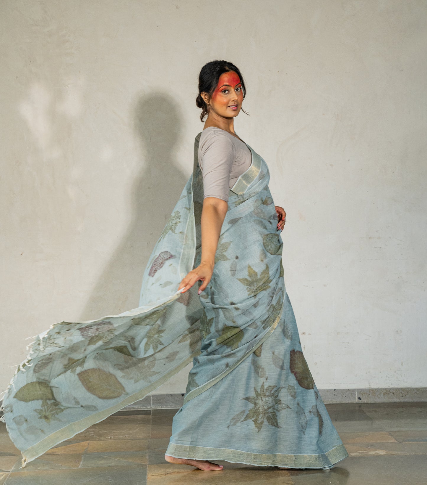 Guava leaves All Over  Blueish Grey Cotton Saree (Hand Dyed With iron ore and indigo)