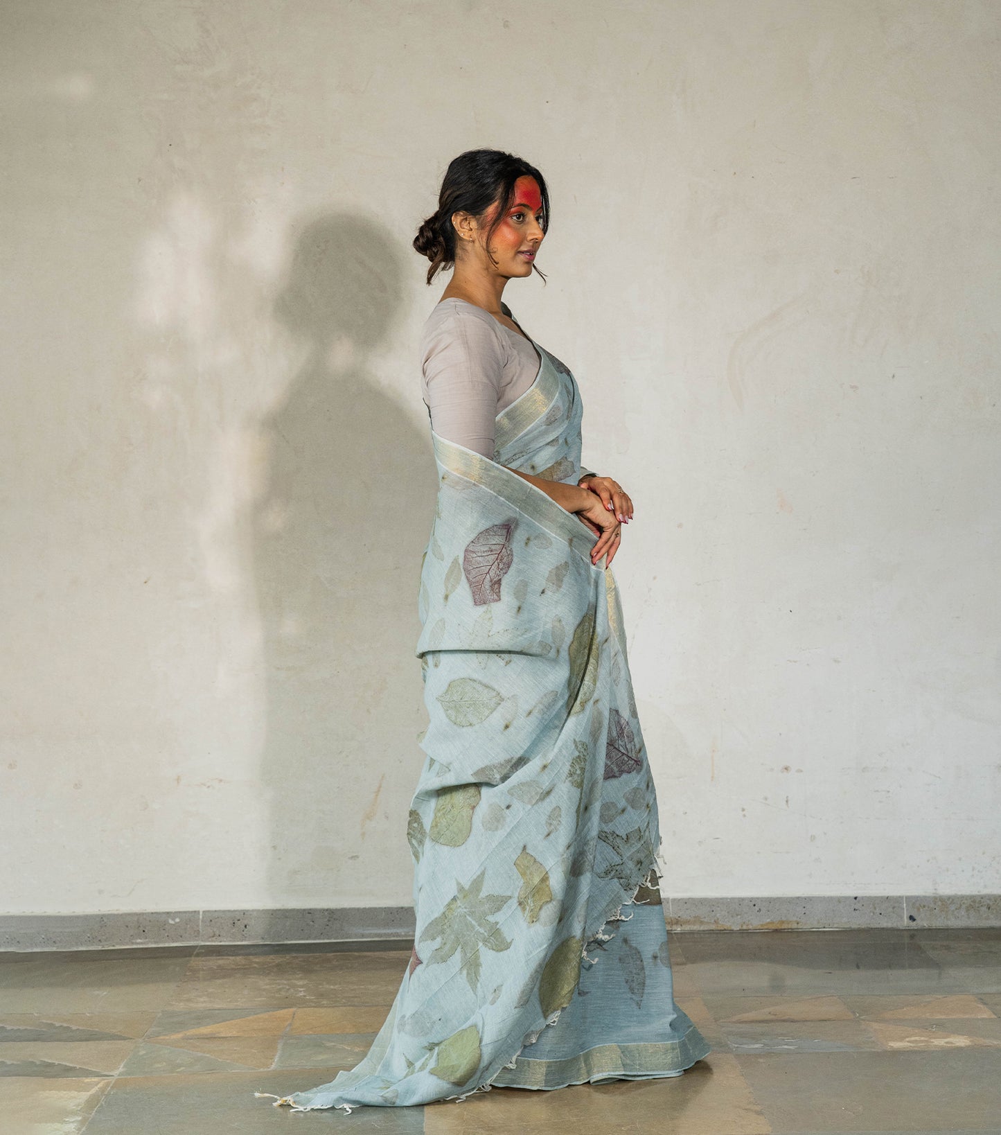 Guava leaves All Over  Blueish Grey Cotton Saree (Hand Dyed With iron ore and indigo)