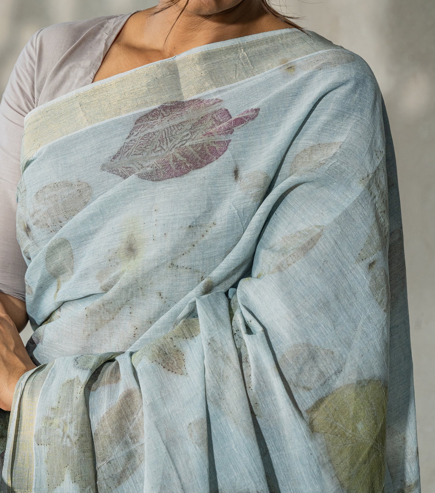 Guava leaves All Over  Blueish Grey Cotton Saree (Hand Dyed With iron ore and indigo)