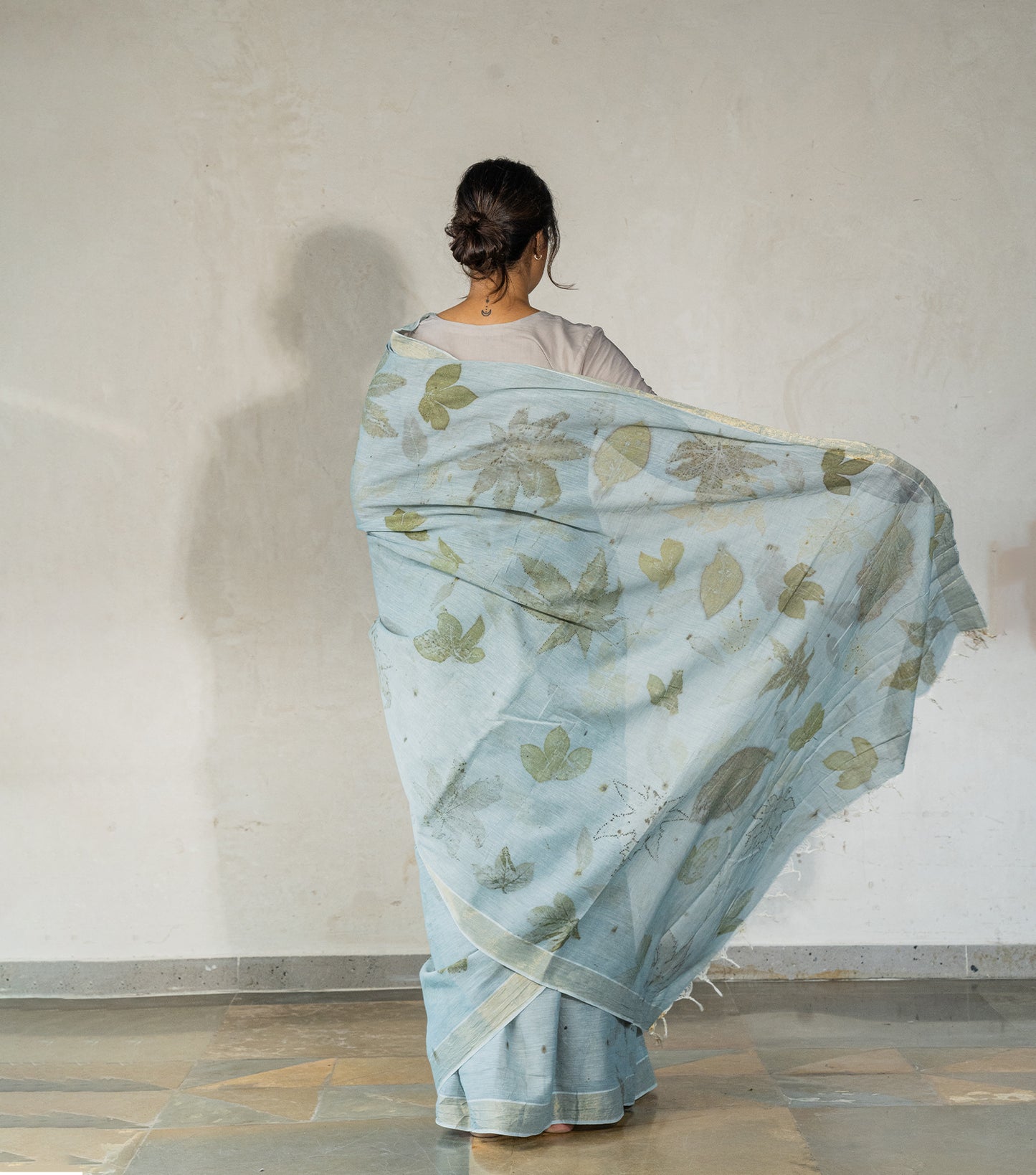 All Over With Mix leaves Blueish Grey Cotton Saree (Hand Dyed With iron ore and indigo)