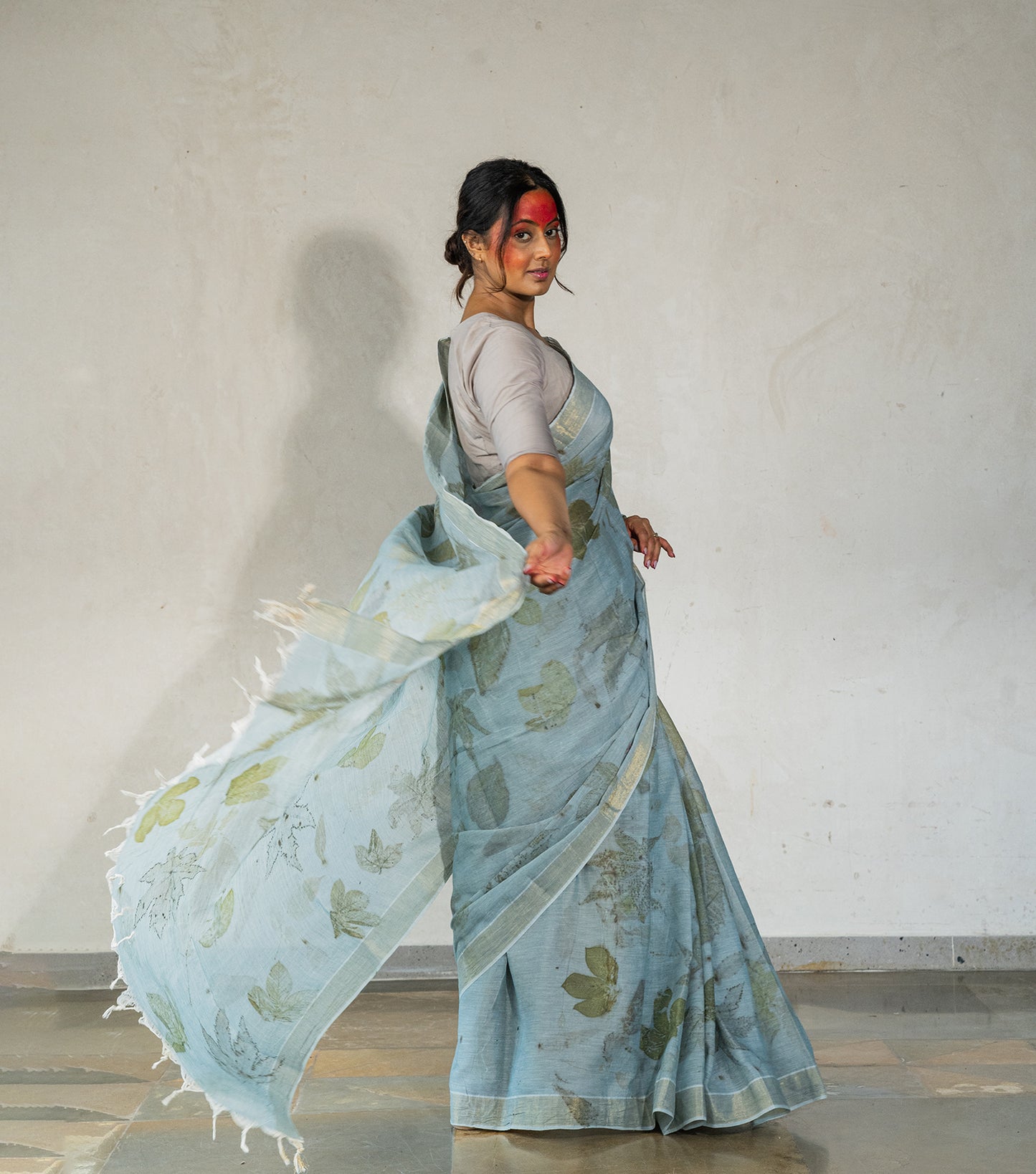 All Over With Mix leaves Blueish Grey Cotton Saree (Hand Dyed With iron ore and indigo)