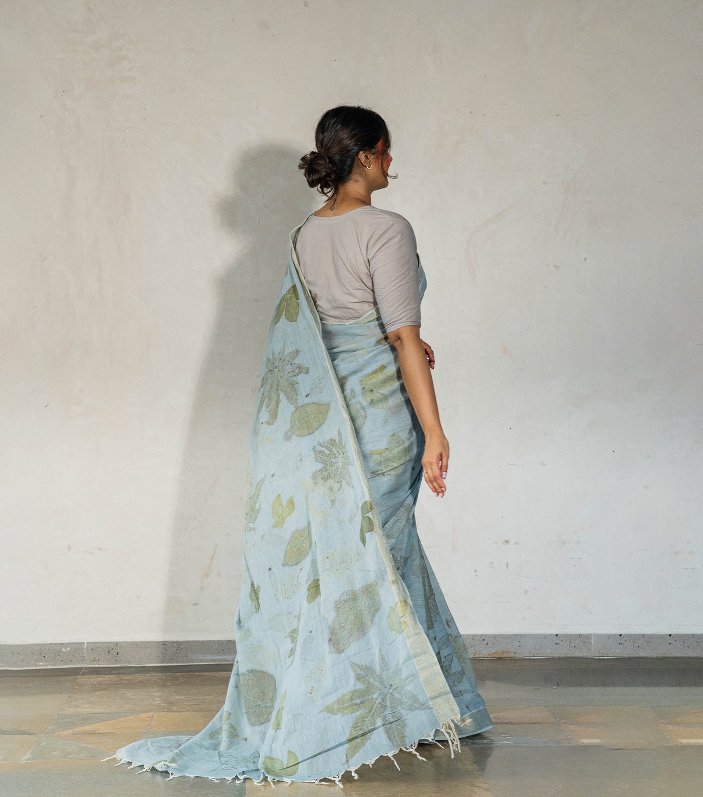 All Over With Mix leaves Blueish Grey Cotton Saree (Hand Dyed With iron ore and indigo)